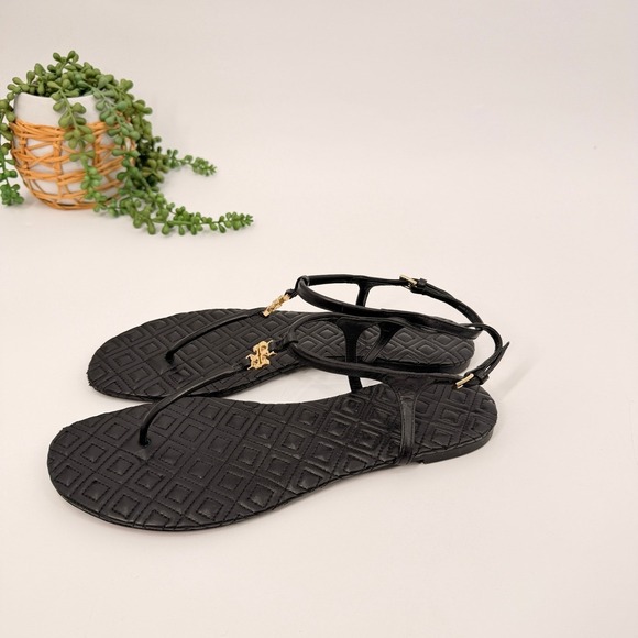 Tory Burch Shoes - Tory Burch Emmy Sandal Womens 8.5M Black Quilted Leather Gold Logo Thong Flat